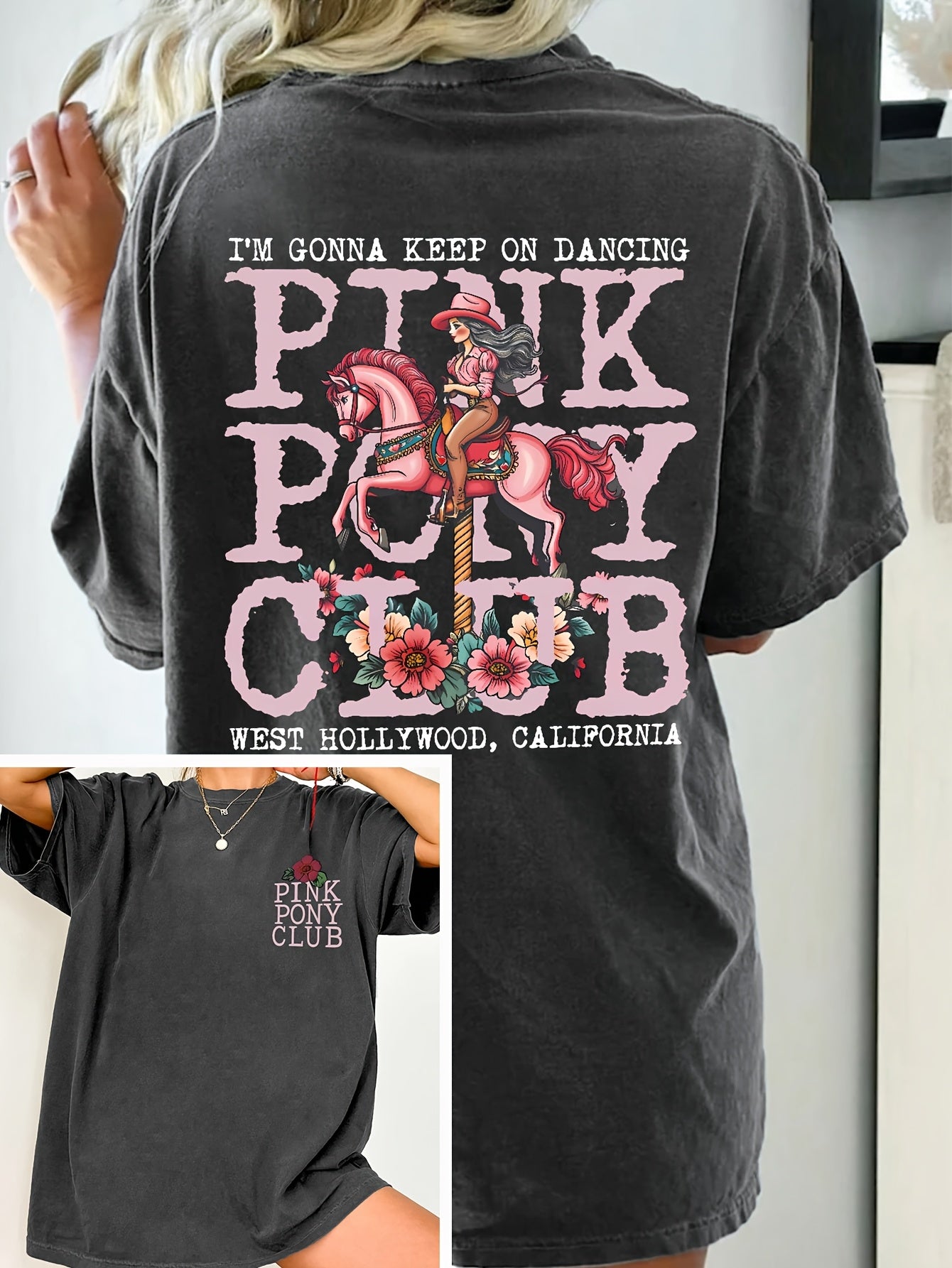 Women's Casual Oversized Drop Shoulder T-Shirt - Pink Pony Club Graphic & Floral Letter Print, Dark Grey Round Neck Summer Tee, Machine Washable, Ladies T Shirts, Everyday Comfort, Offshoulder Top, Relaxed Fit Shirt